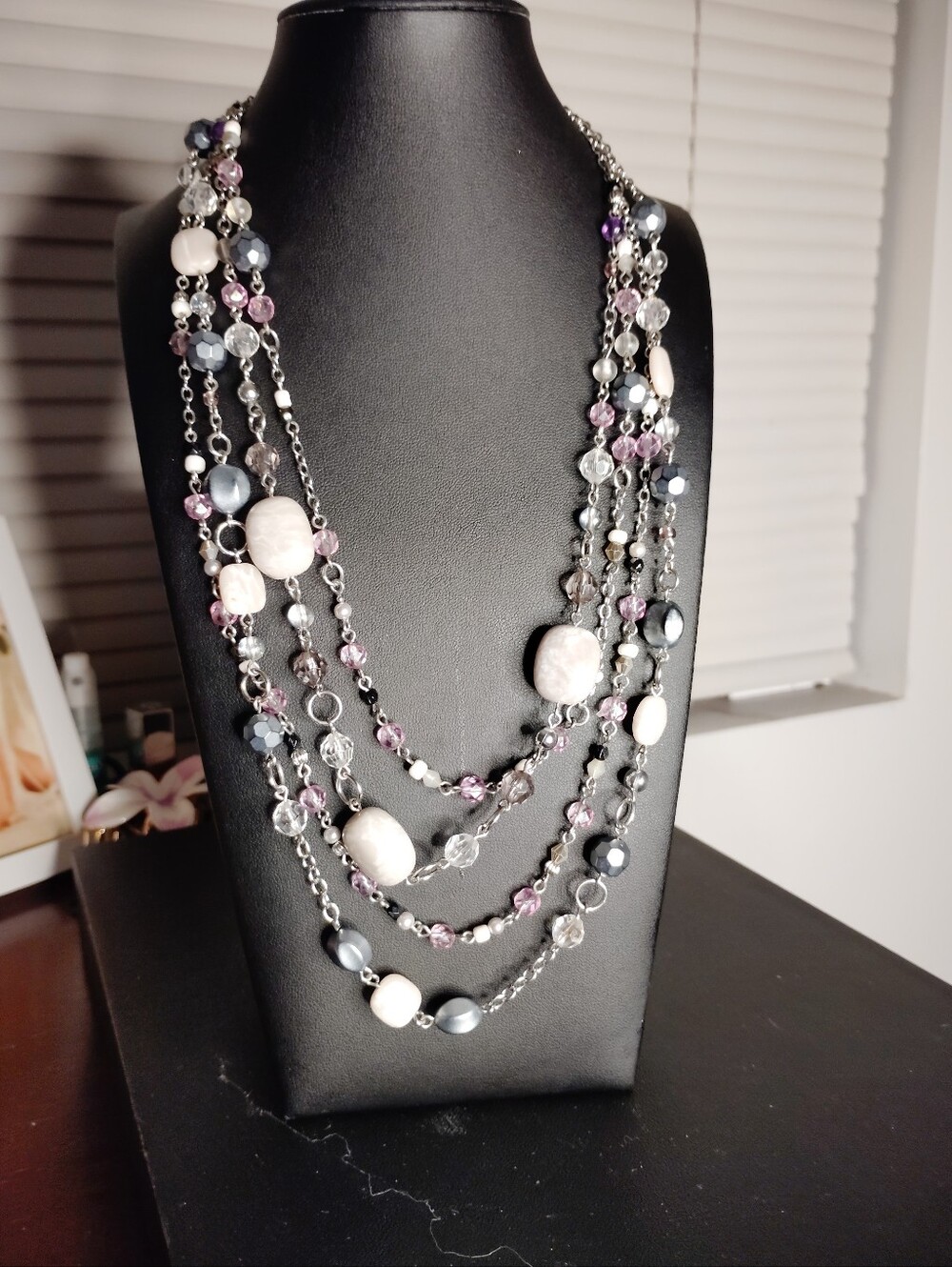 Lia Sophia 5 Strand Pink Gray Stone Glass Bead Statement Necklace Signed